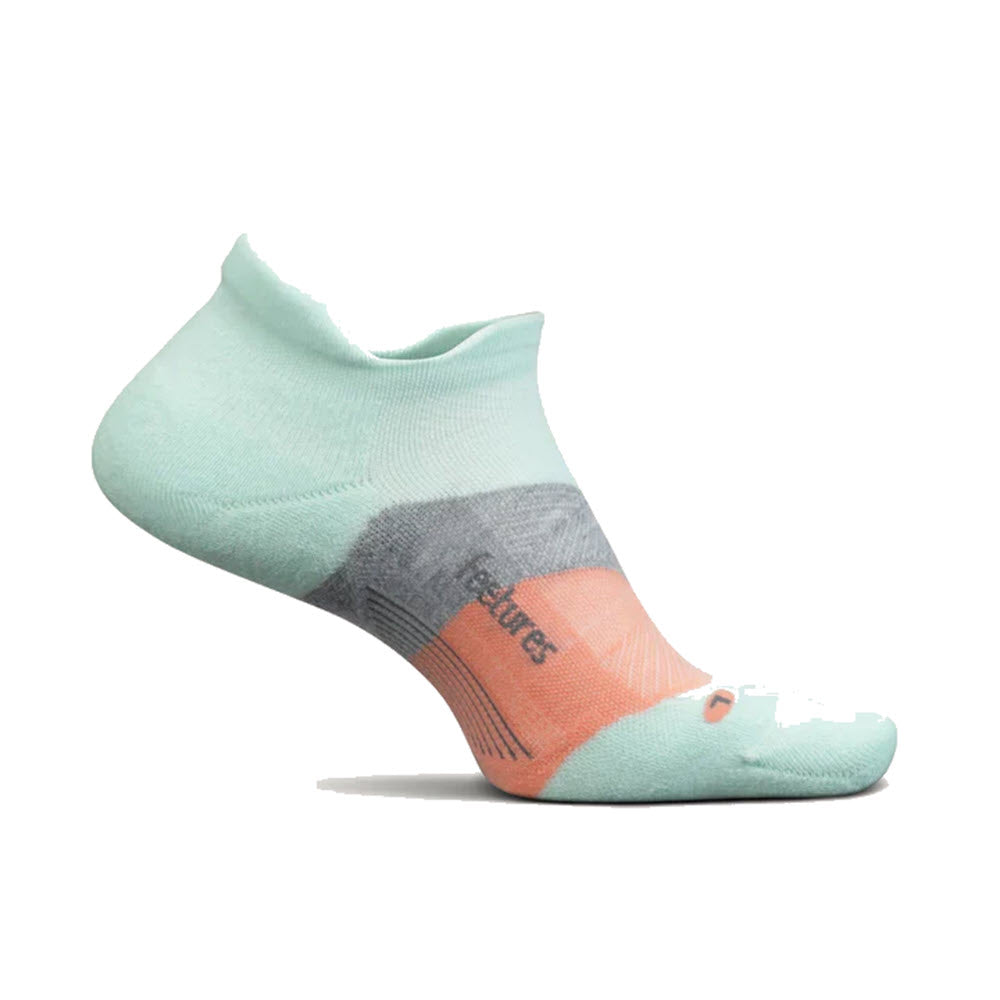 A single Feetures Elite Max Cushion No Show Socks Tab in mint green and orange shades with a visible logo, presented on a plain white background.