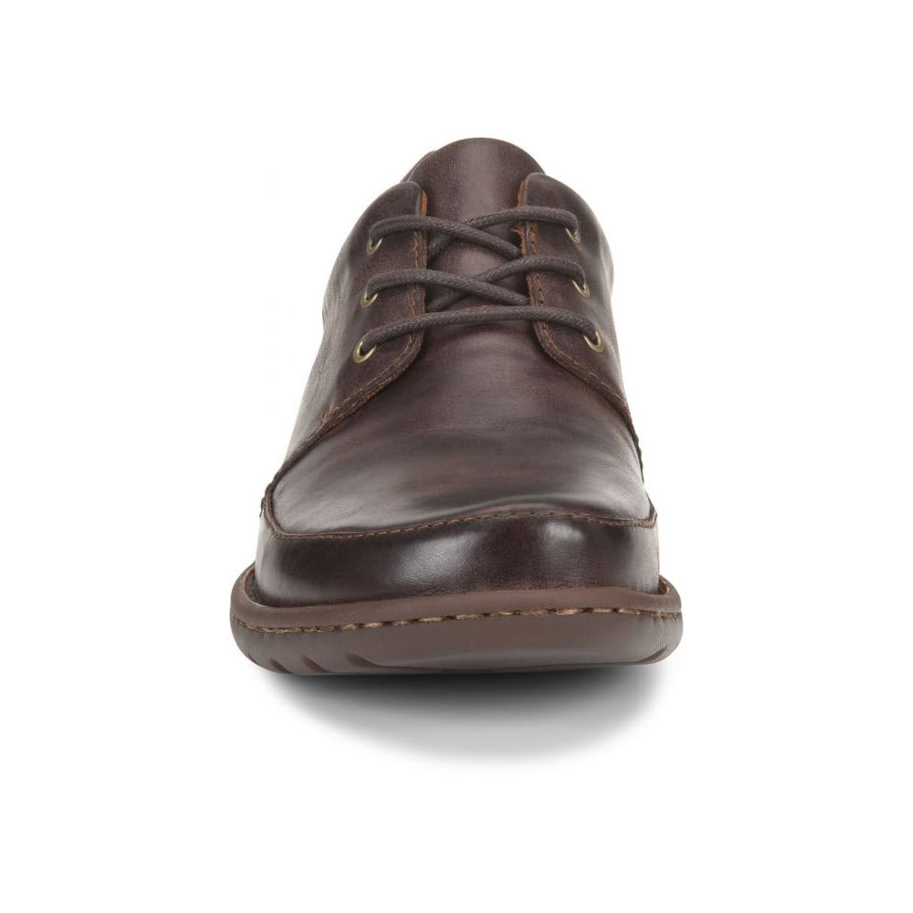 Front view of a Born Nigel 3 Eye Oxford Lace Brown men&#39;s dress shoe with laces, featuring a cushioned microfiber footbed, isolated on a white background.