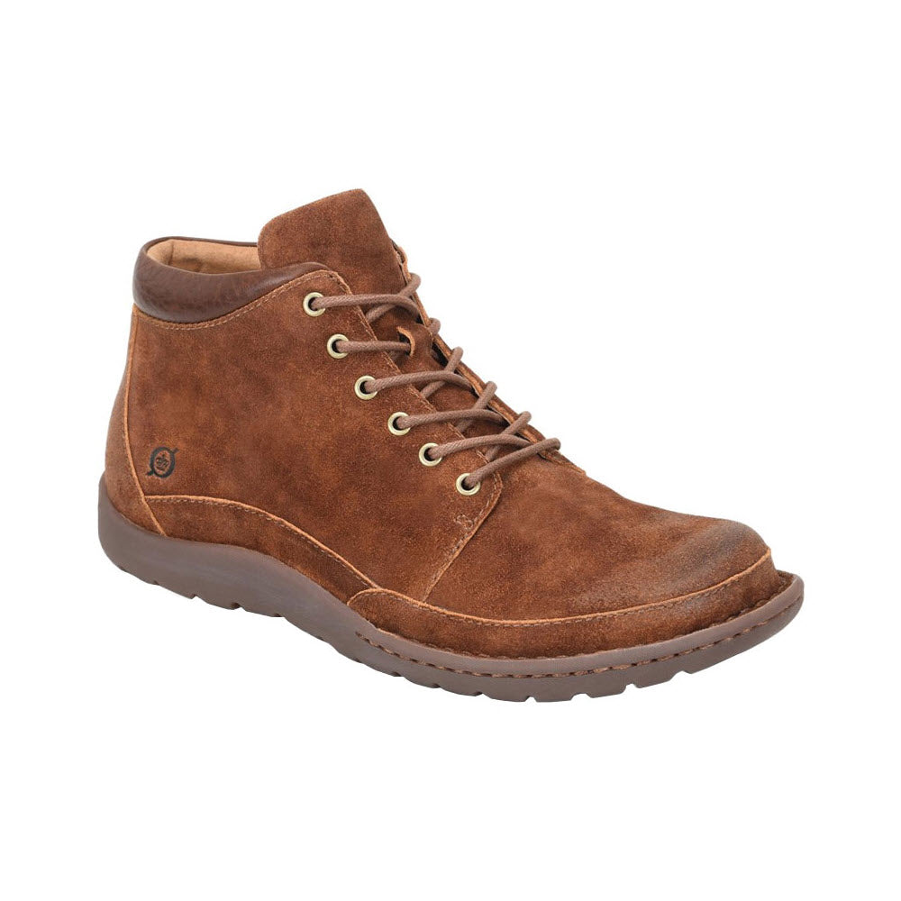 A single brown suede BORN NIGEL CHUKKA BOOT RUST - MENS with a hiker-inspired lace-up front and a stitched rubber sole, isolated on a white background.