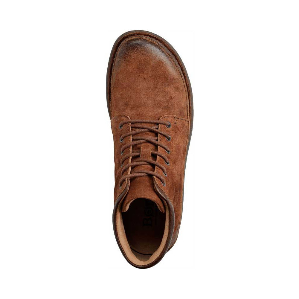 Top-down view of a single brown suede, hiker-inspired BORN NIGEL CHUKKA BOOT RUST - MENS with laces on a white background.
