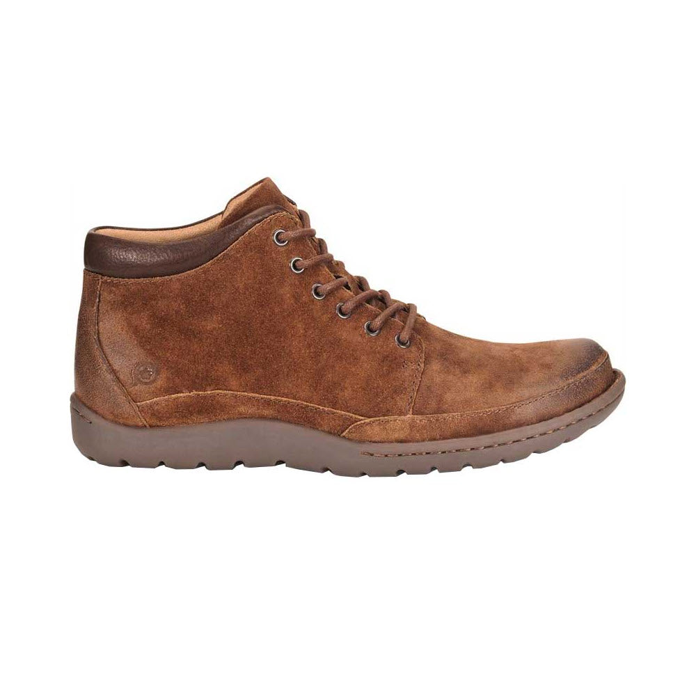 A single Born Nigel Chukka Boot Rust - Men&#39;s with hiker-inspired lace-up closure and a low-profile sole, isolated on a white background.