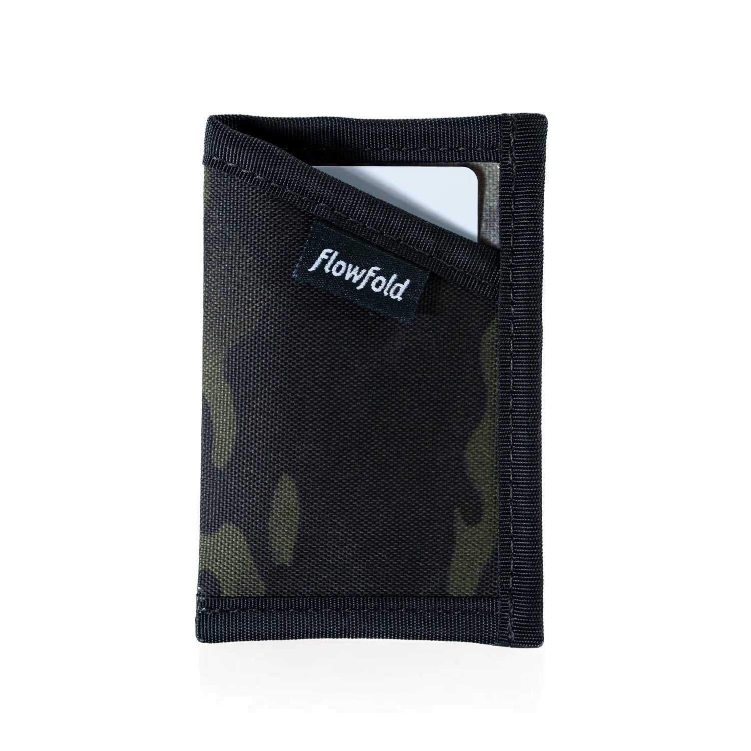 A black Flowfold Minimalist Camo wallet with a camo pattern peeking from inside, displayed against a white background.