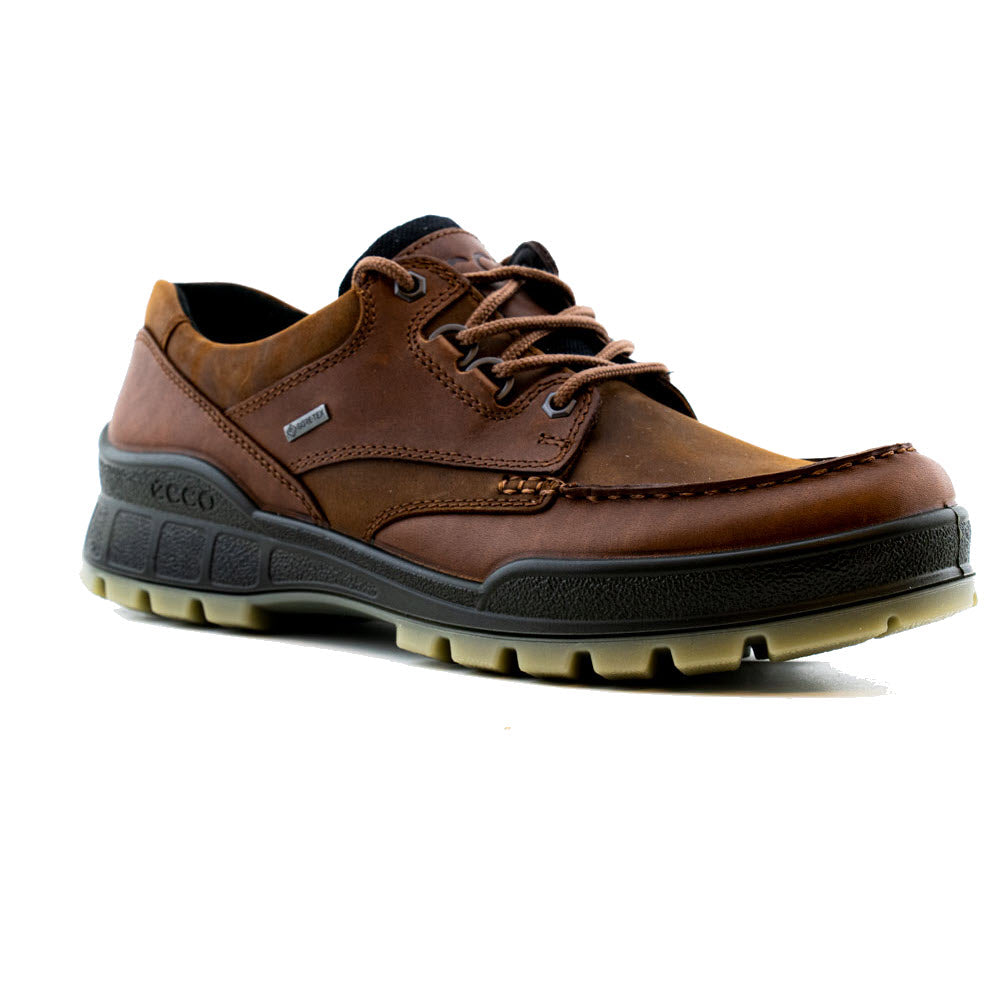 A single brown ECCO TRACK 25 LOW BISON - MENS shoe with laces, featuring a thick rubber sole, isolated on a white background.