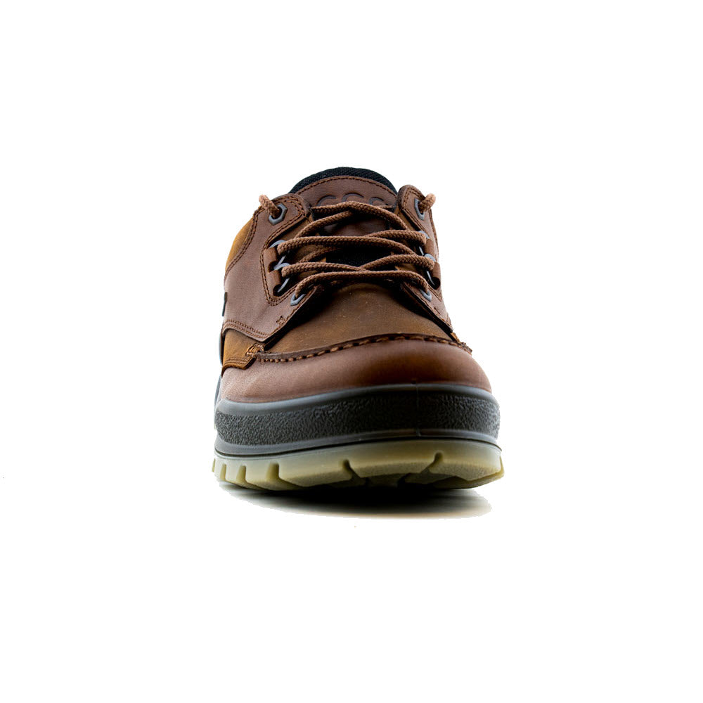 A single brown full-grain leather ECCO TRACK 25 LOW BISON child&#39;s shoe with laces, viewed from the front, isolated on a white background.