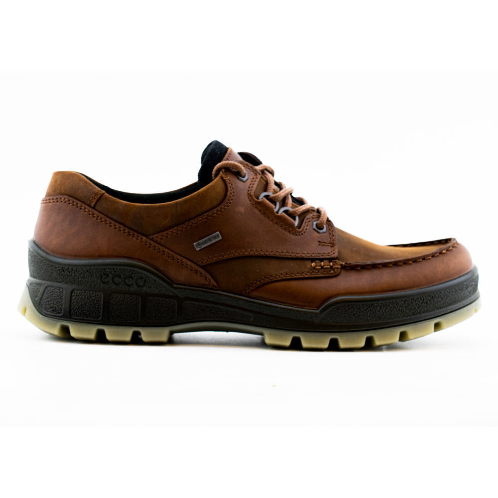 A single brown full-grain leather Ecco Track 25 Low Bison shoe with black soles, displayed against a white background.
