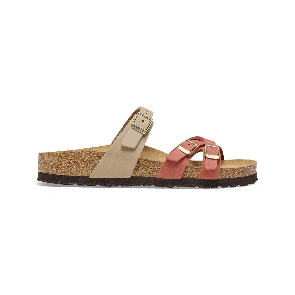 A pair of beige Birkenstock Franca Sandcastle/Mars Red Nubuck double-strap sandals with buckles, featuring a soft contoured cork footbed and a black rubber sole, isolated on a white background.