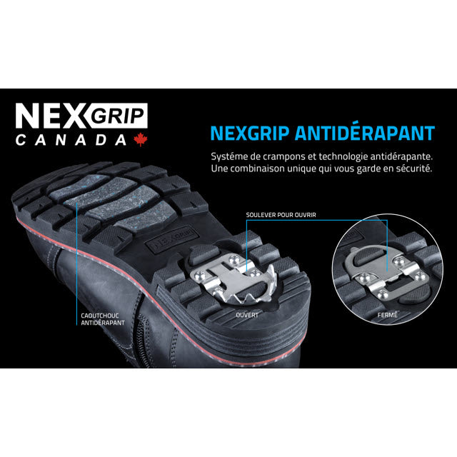Ad for Nexgrip Canada winter boots featuring waterproof uppers and a sole with retractable stainless steel ice cleats, including a close-up of the open and closed cleat mechanism.