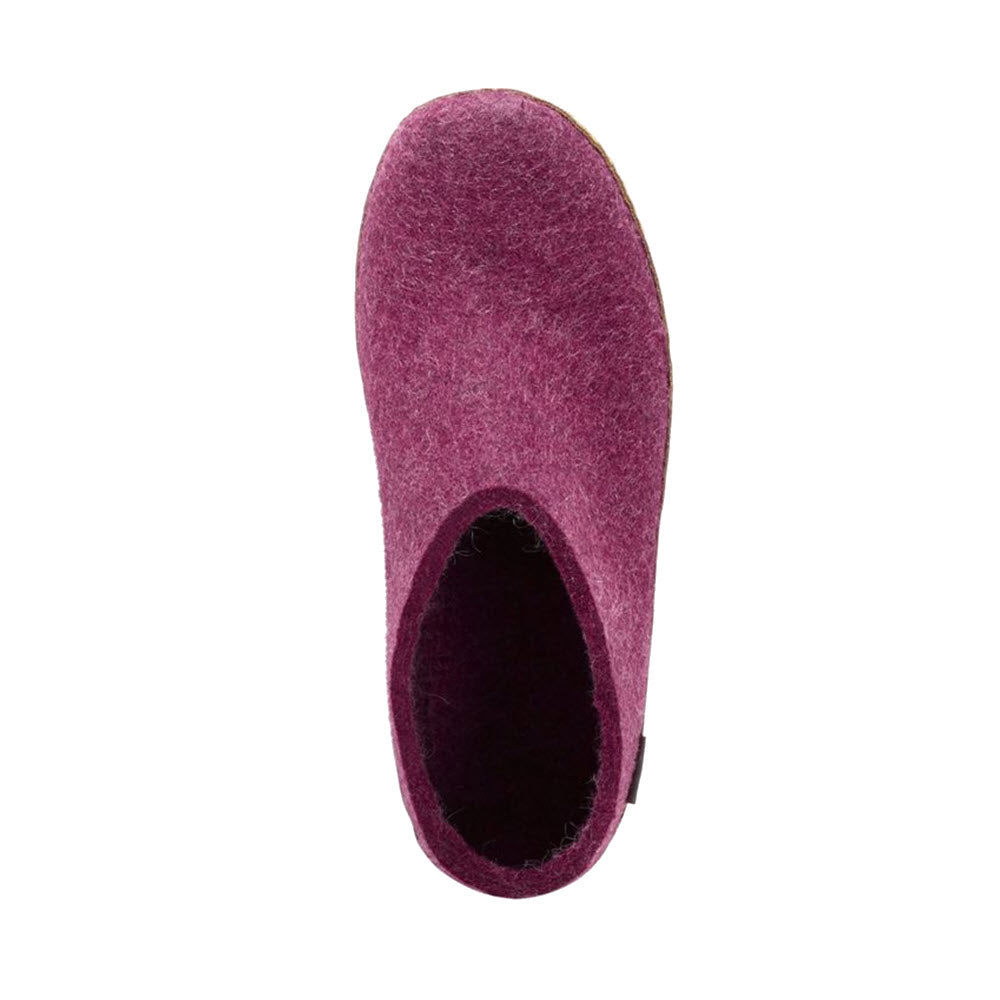 Top view of a single GLERUPS THE SLIP-ON LEATHER CRANBERRY slipper by Glerups isolated on a white background.