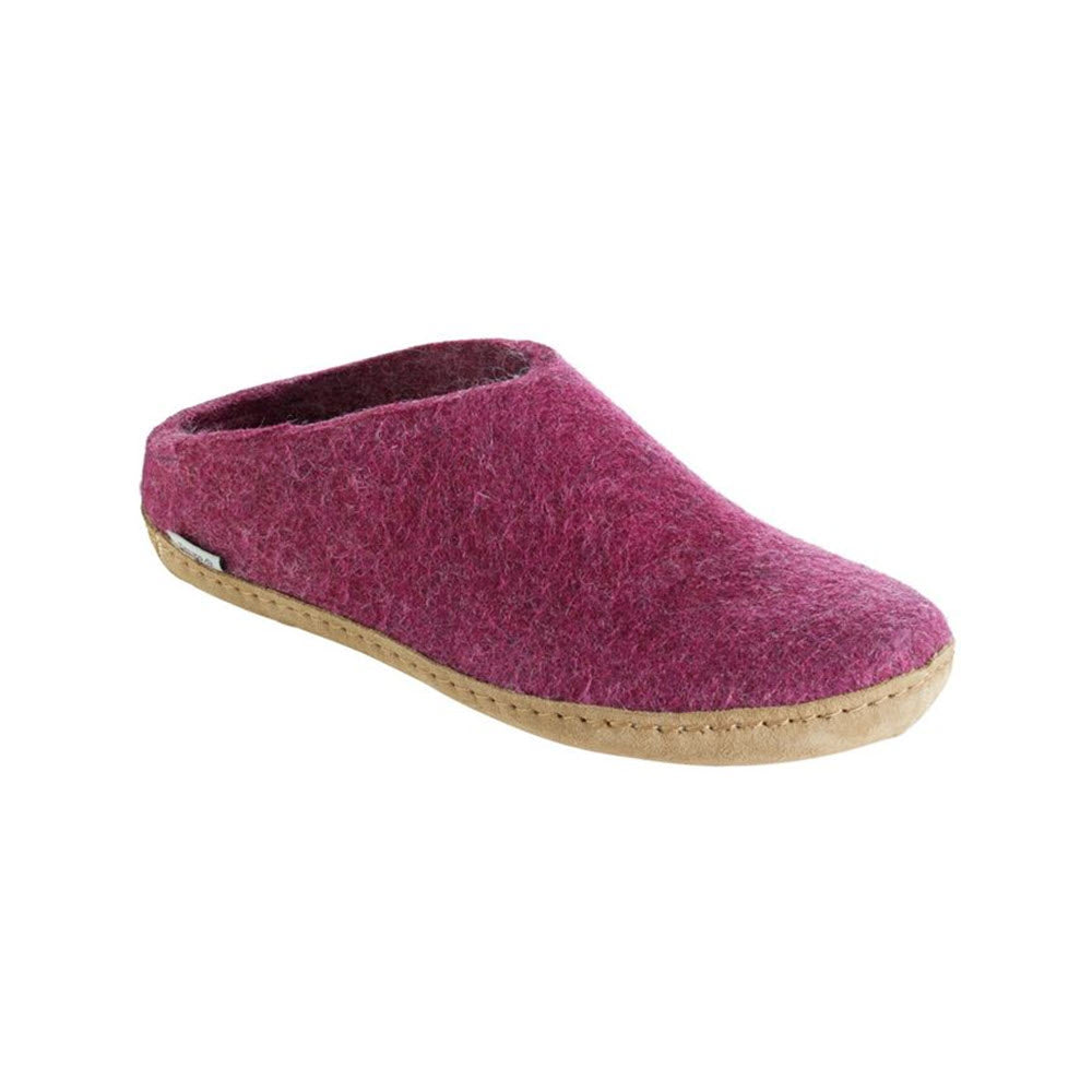 A single GLERUPS THE SLIP-ON LEATHER CRANBERRY slipper in a clog style with a cork sole isolated on a white background.