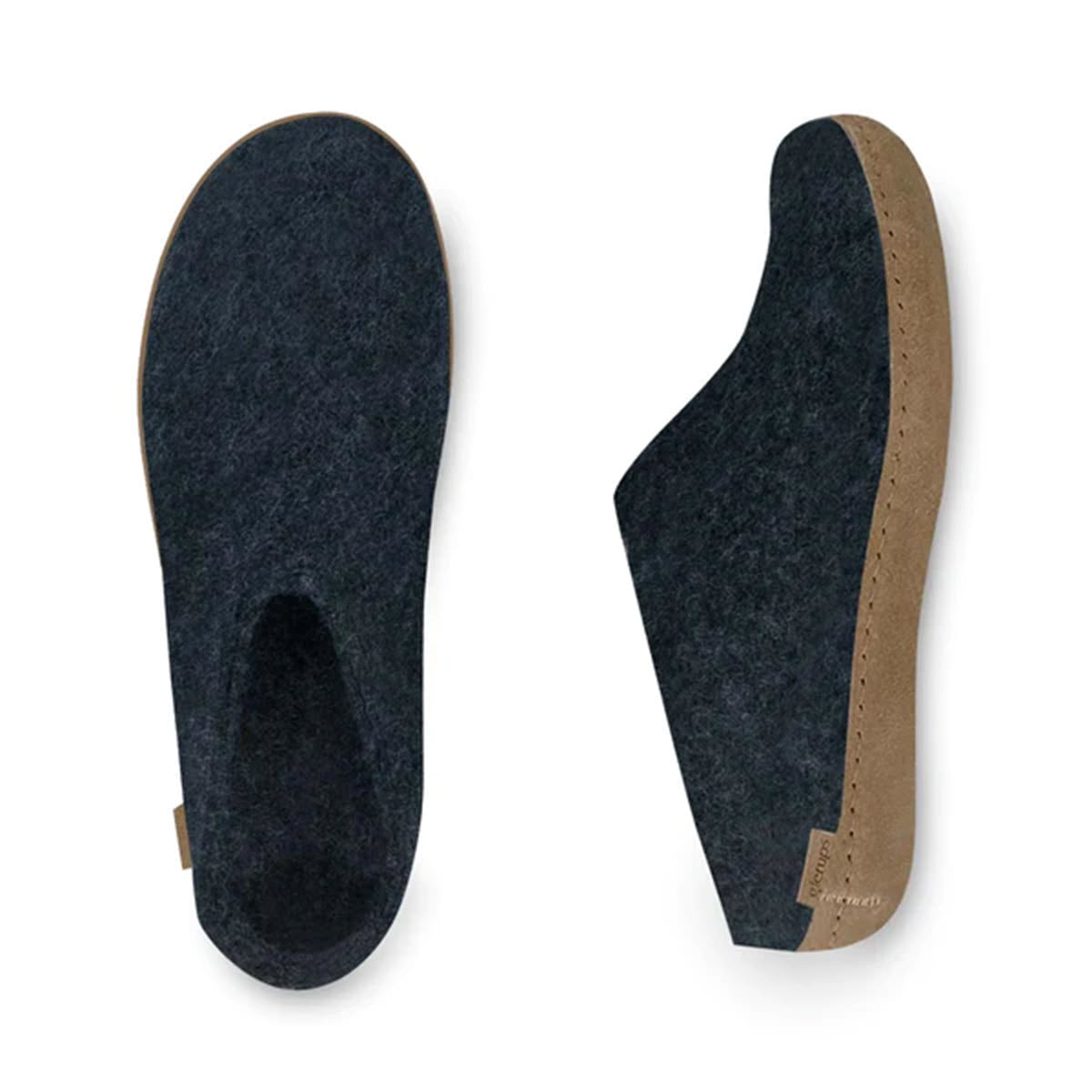 Two GLERUPS THE SLIP ON LEATHER DENIM - ADULTS insoles with dark gray felt tops and cork bottoms, viewed from above on a white background, designed to keep your feet warm and dry.