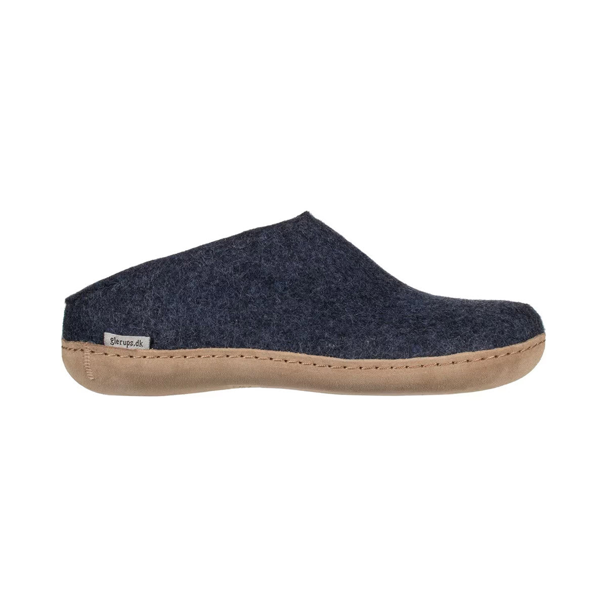 Side view of a navy blue felt Glerups Slip-On Slipper with a tan rubber sole and a small logo tag on the side.