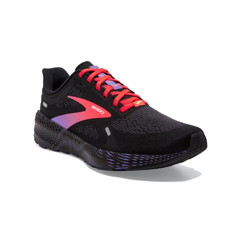 Black and purple Brooks Launch GTS 9 running shoe with BioMoGo DNA cushioning and red laces on a white background.