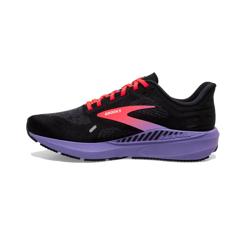 A black and purple Brooks Launch GTS 9 lightweight supportive running shoe with red laces and prominent logo on a white background.