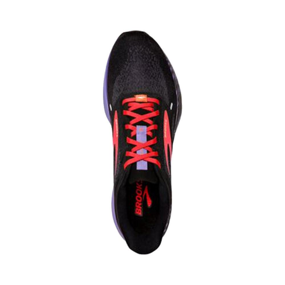 Top view of a lightweight supportive Brooks Launch GTS 9 black running shoe with bright red laces and purple accents, displaying the &quot;Brooks&quot; brand logo on the insole.