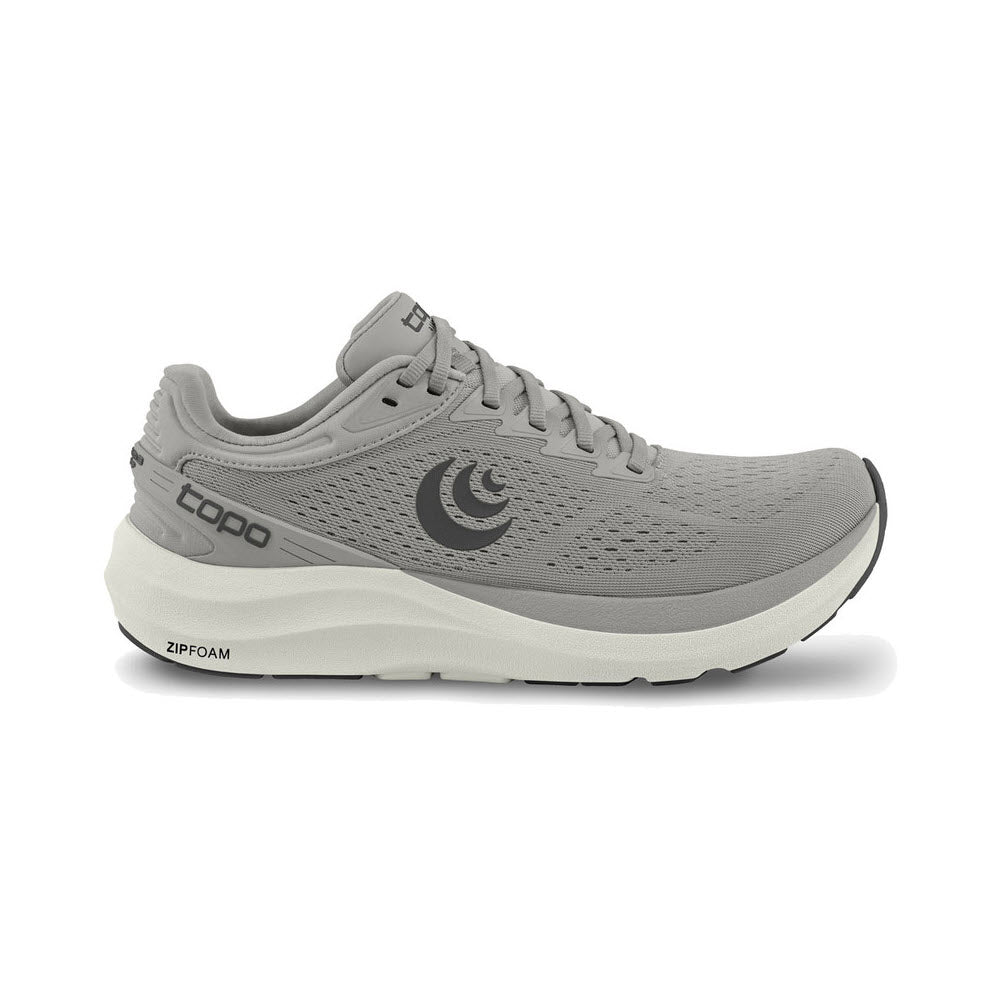 A single TOPO PHANTOM 3 GREY/GREY - MENS running shoe with a "ZipFoam formula" midsole and a prominent crescent moon logo on the side.