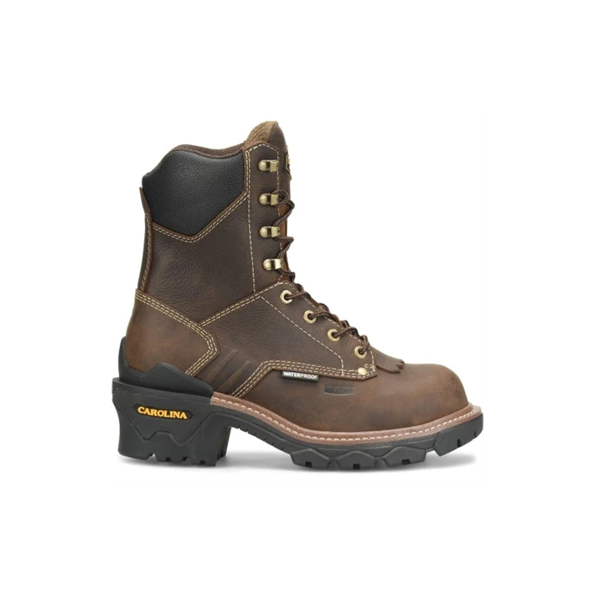 A single Carolina COMP TOE 8 INCH CAPACITY waterproof logger work boot with laces, isolated on a white background.