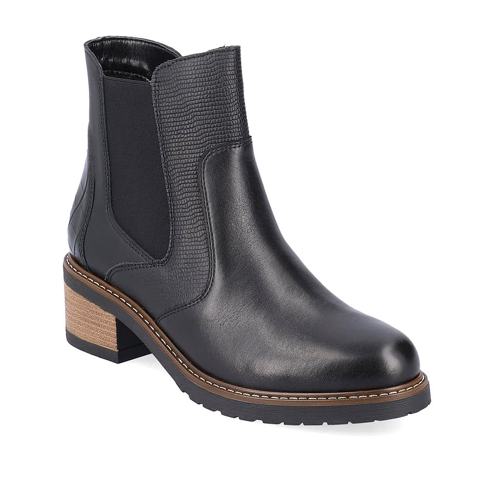 A black textured leather Remonte Chelsea bootie with elastic side panels, a low heel, and a ribbed sole on a white background.