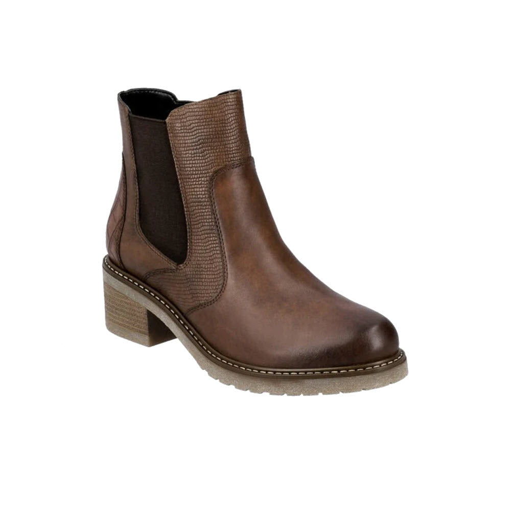 Remonte mixed media Chelsea bootie cognac with a removable insole, elastic side panels, and a chunky, textured heel, isolated on a white background.