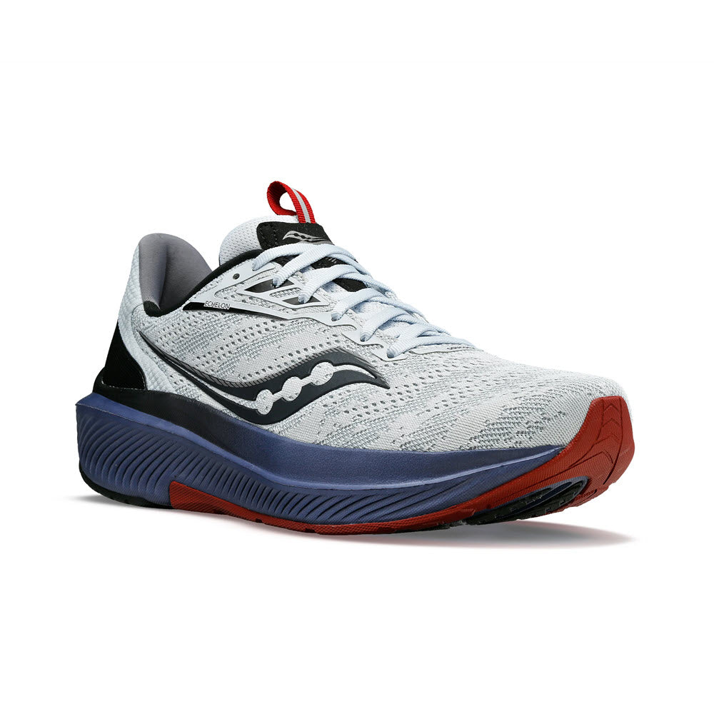 A gray and blue Saucony Echelon 9 Vapor/Horizon running shoe with a red accent on a white background, featuring max cushioning.