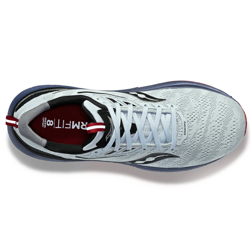 Top view of a light gray and blue Saucony Echelon 9 Vapor/Horizon running shoe with white laces and a red loop on the heel, featuring max cushioning.
