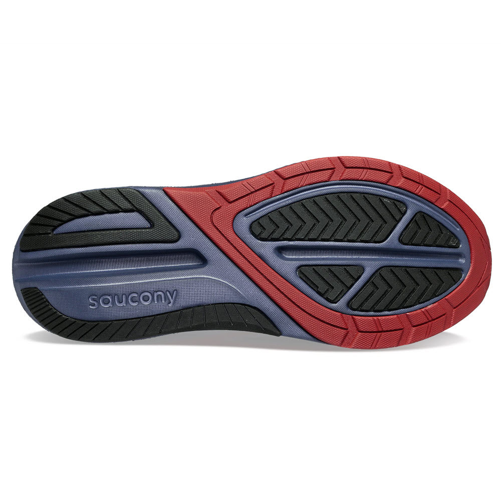 Bottom view of a red and blue Saucony Echelon 9 Vapor/Horizon running shoe showcasing the tread design on the sole.