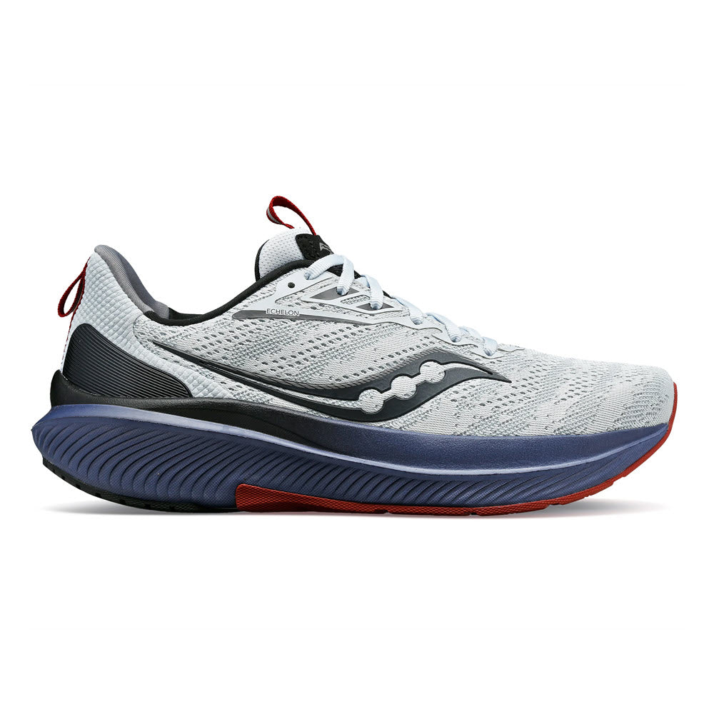 Side view of a white and gray Saucony Echelon 9 Vapor/Horizon running shoe with a navy blue sole and red accents on the laces and rear loop.