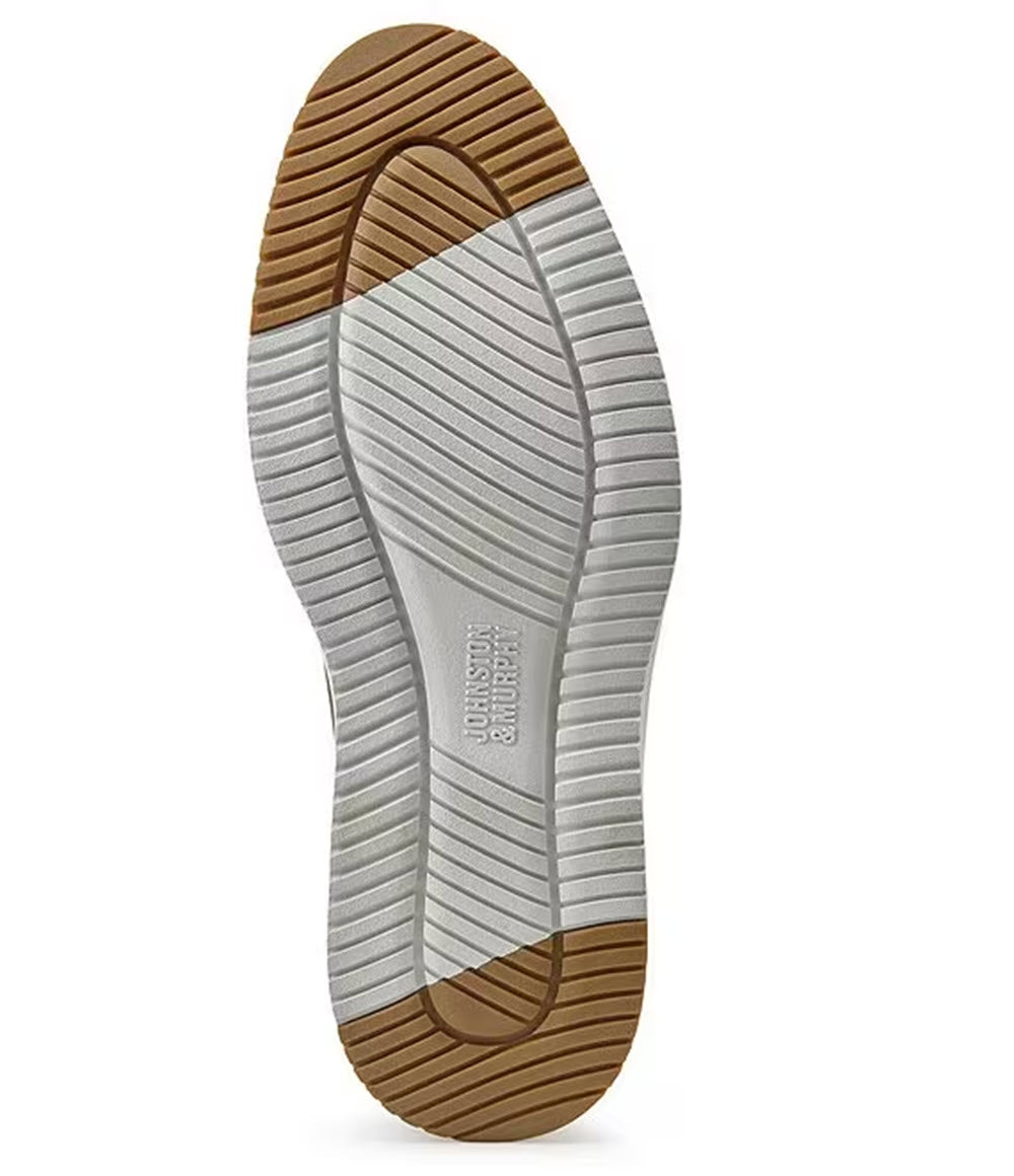 Sole of a shoe featuring a dual-tone design with alternating brown and gray stripes, displaying the Johnston &amp; Murphy logo in the center on a TRUFOAM sole.