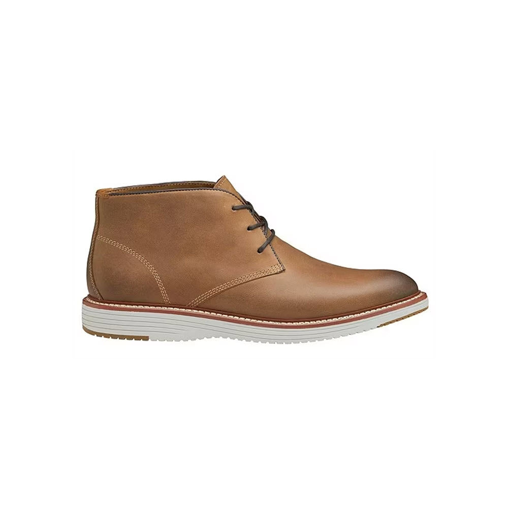 A Johnston &amp; Murphy Upton Chukka Tan - Mens with white TRUFOAM soles and brown laces, displayed on a white background.