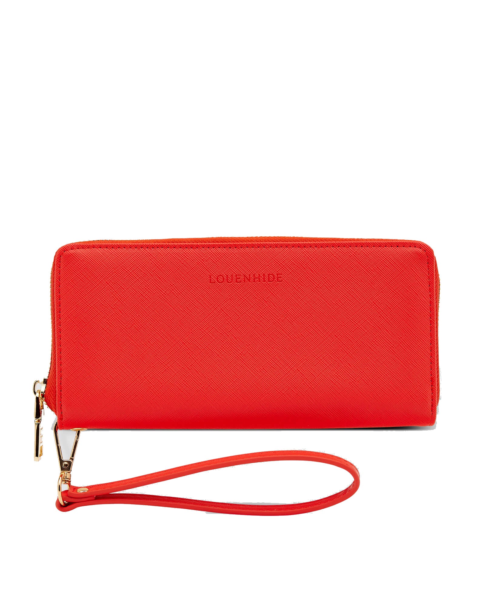 Red Louenhide Jessica wallet tangerine with a zipper and detachable wristlet on a white background.