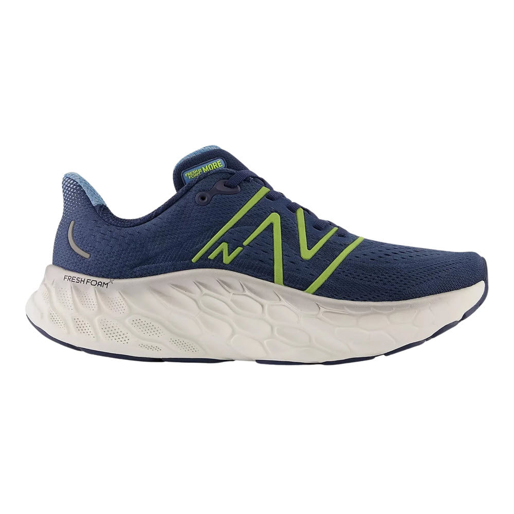 Side view of a dark blue New Balance MORV4 Navy running shoe with white sole and lime green accents, featuring ultra-cushioned Fresh Foam X technology.
