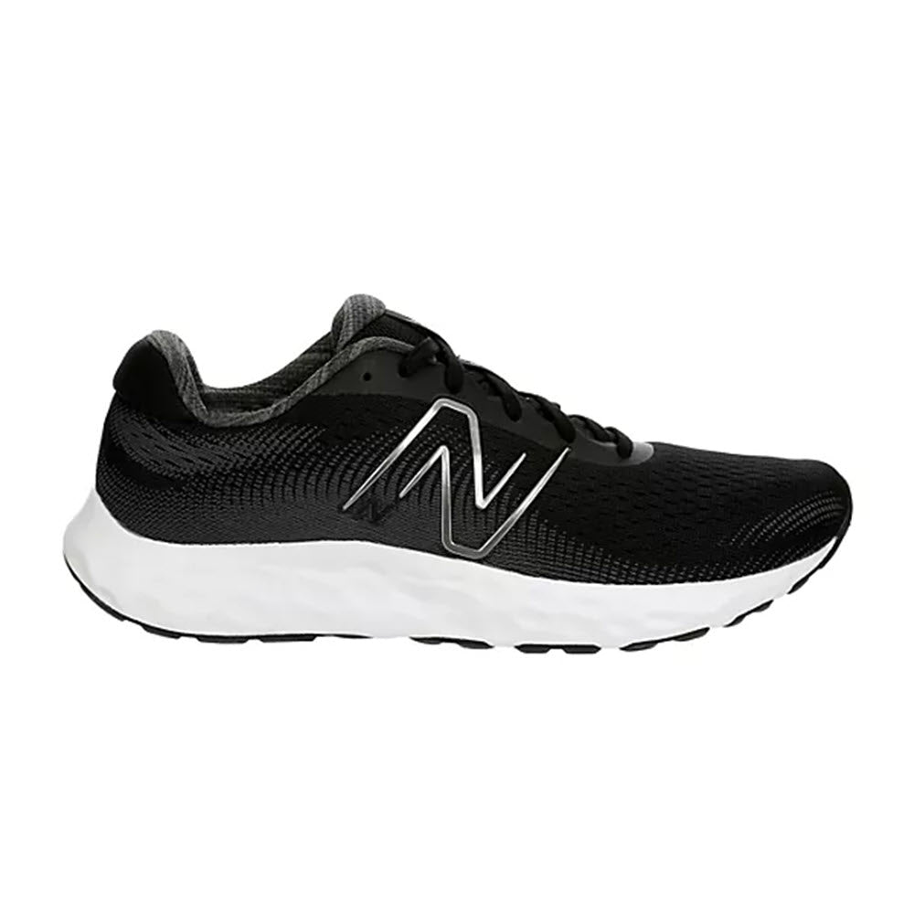 A black and white New Balance 520V8 men's running shoe with a prominent logo on the side, displayed on a white background.