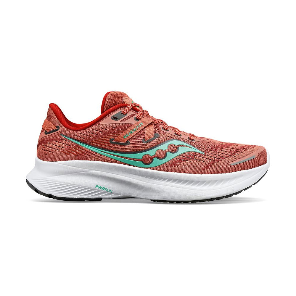 A single SAUCONY GUIDE 16 SOOT/SPRIG - WOMENS running shoe with a thick sole, enhanced cushioning, and green detailing on the branding.