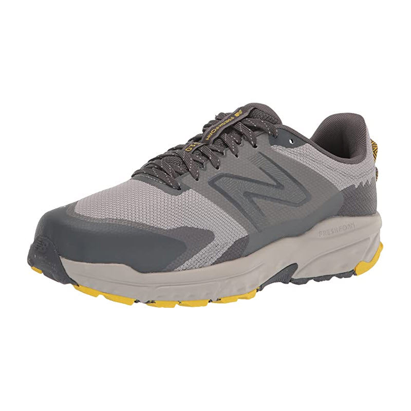 A single gray and yellow New Balance 510v6 Rain Cloud trail running shoe with a visible logo on a white background.