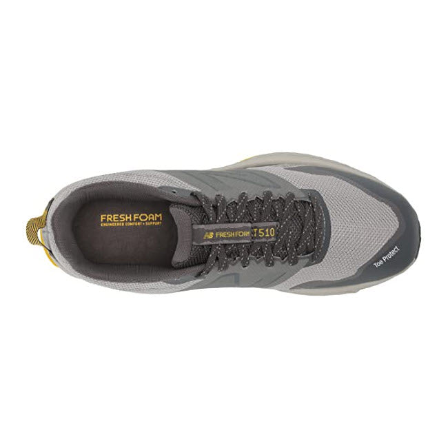 Top view of a gray New Balance 510v6 Rain Cloud trail running shoe with AT Tread, black laces, and yellow accents.