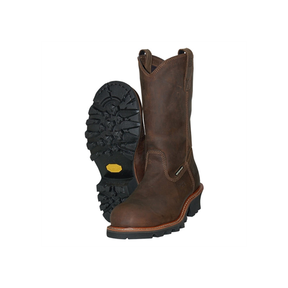 A pair of Carolina Ranch 12 Inch Wellington WTPF Comp Toe Crazy Horse Tan - Mens logger boots with thick rubber soles, standing upright, isolated on a white background.