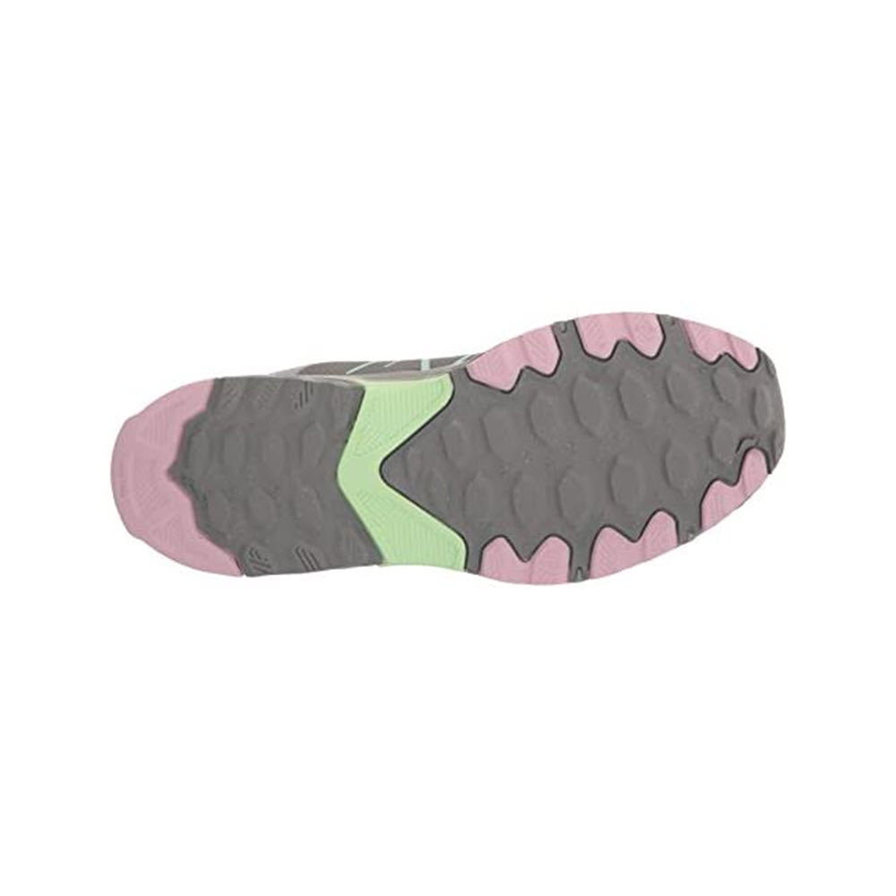 Bottom view of a New Balance 510v6 Brighton/Grey - Womens shoe sole featuring a gray AT Tread design with pink accents and a lime green detail.