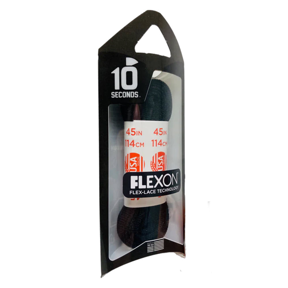 A package of black 10 SECOND Flexon™ shoelaces with low-friction, flex-lace technology, advertised to tie in 10 seconds, 45 inches in length.