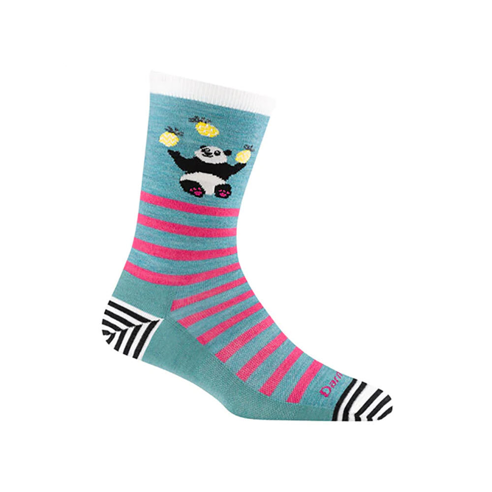 A Darn Tough Animal Haus Crew Sock Lagoon for women, featuring striped pink and blue patterns with a whimsical black and white sheep design on the ankle.