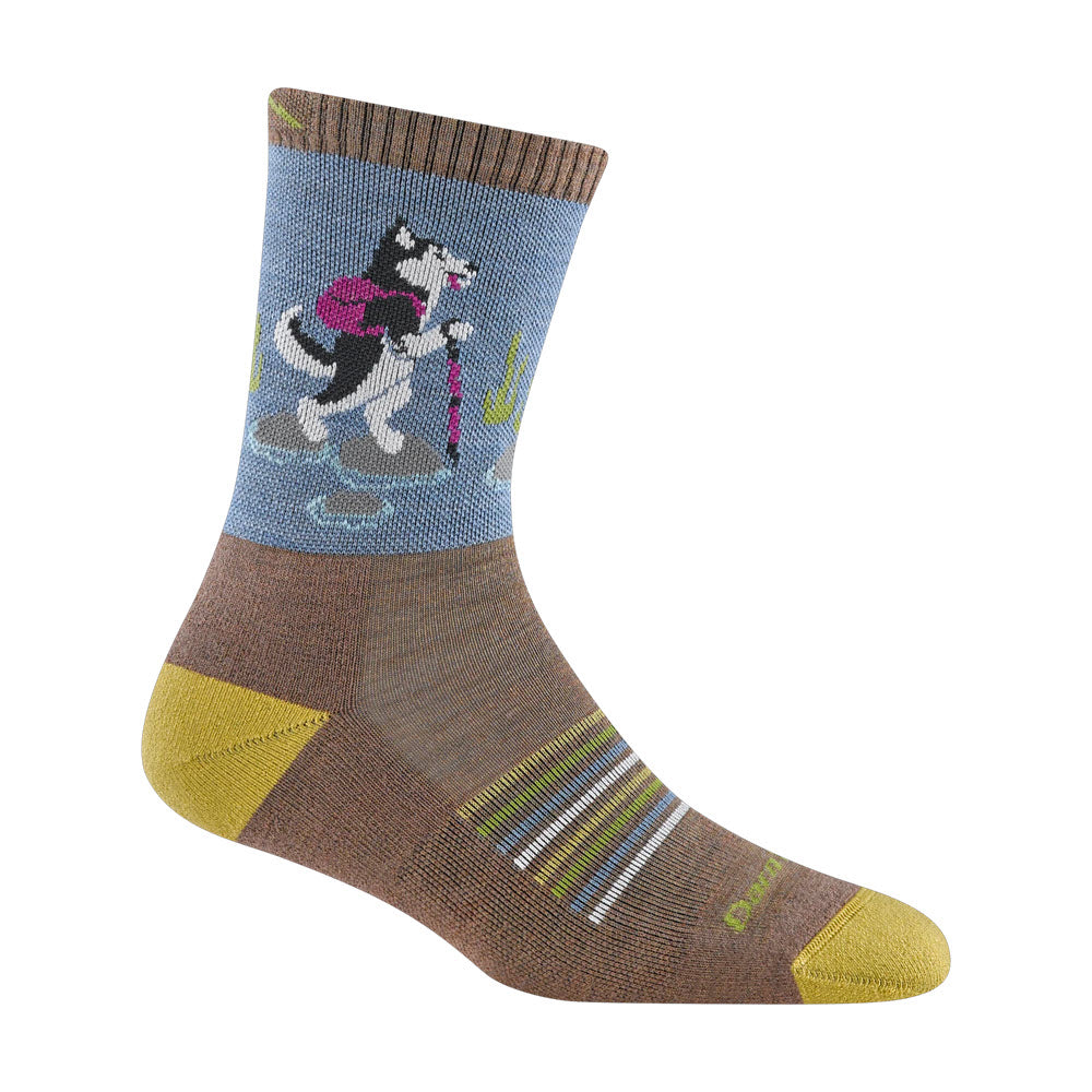 A Darn Tough hiking sock featuring a cartoon raccoon design, with various patterns and colors including blue, brown, and yellow.