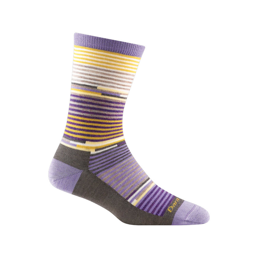 A single Darn Tough Pixie Crew sock in shades of purple, yellow, and white, made from Merino Wool, displayed against a plain white background.