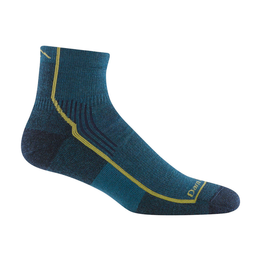 A single DARN TOUGH HIKER QUARTER SOCK in dark teal with yellow accents and the brand name &quot;Darn Tough&quot; visible, displayed against a white background, designed for superior breathability.