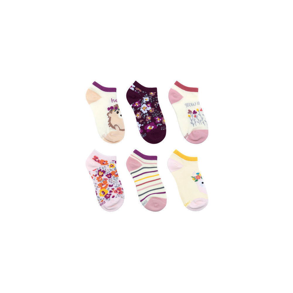 Five pairs of colorful Robeez no-show socks with various designs, including floral patterns and animal prints, isolated on a white background.