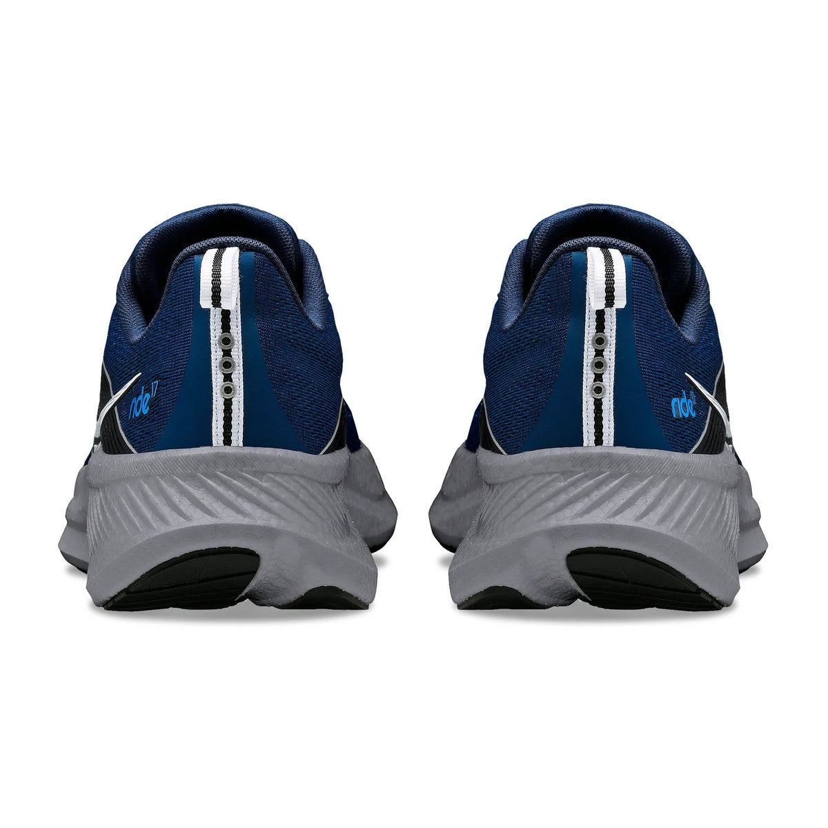 A pair of blue and gray Saucony Ride 17 Tide/Silver - Mens running shoes with white laces and a visible brand logo on the heel.