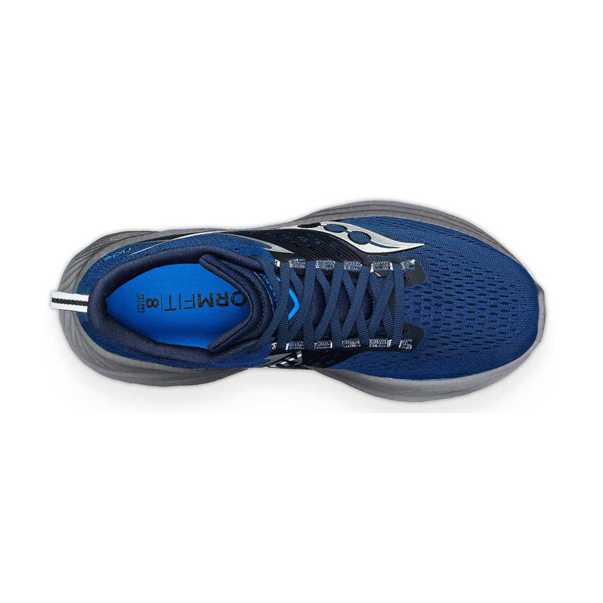 Top view of a blue Saucony Ride 17 Tide/Silver - Mens running shoe with engineered mesh design and logo visible on the insole.