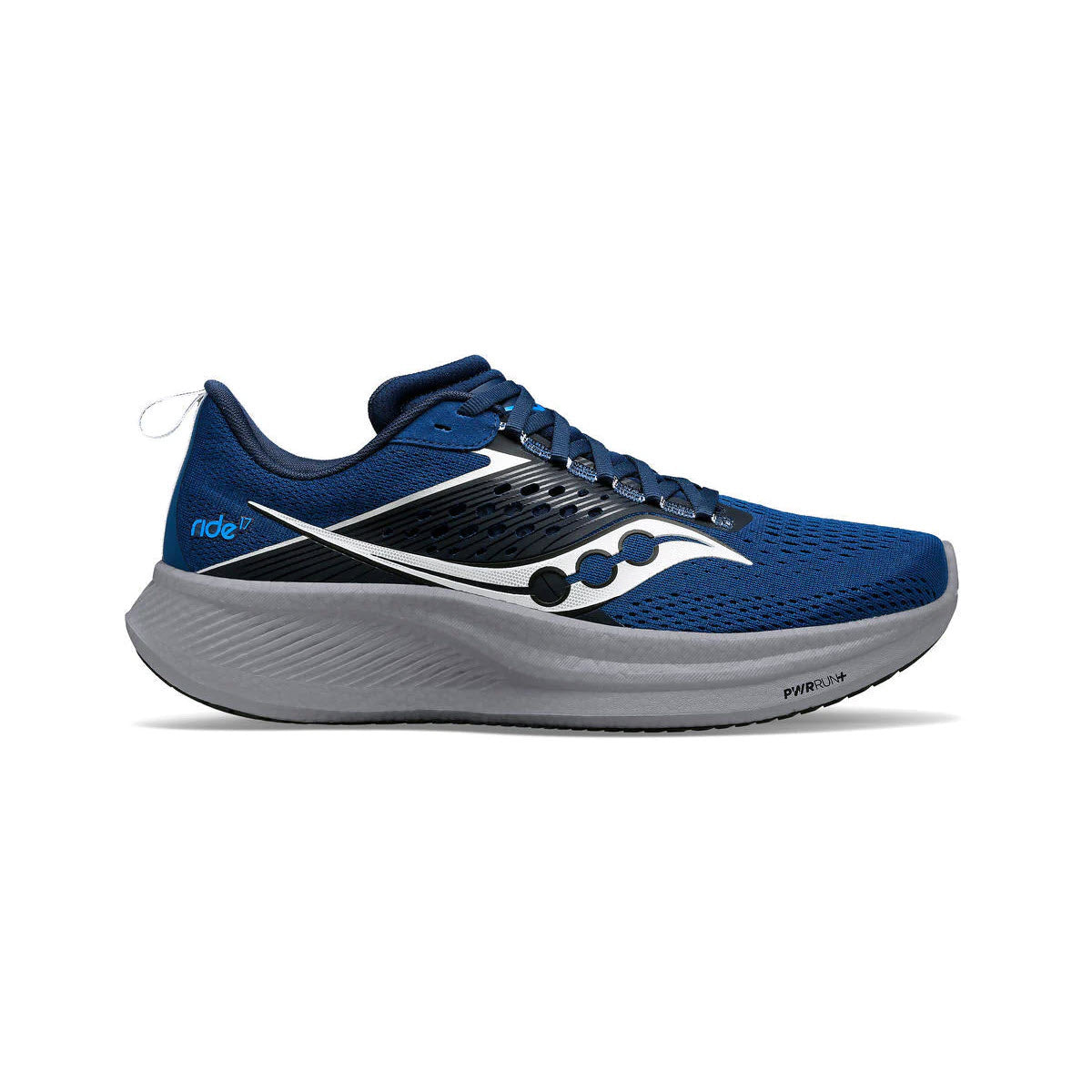 Blue Saucony Ride 17 Tide/Silver running shoe with white midsole and distinctive logo on the side, positioned against a white background.