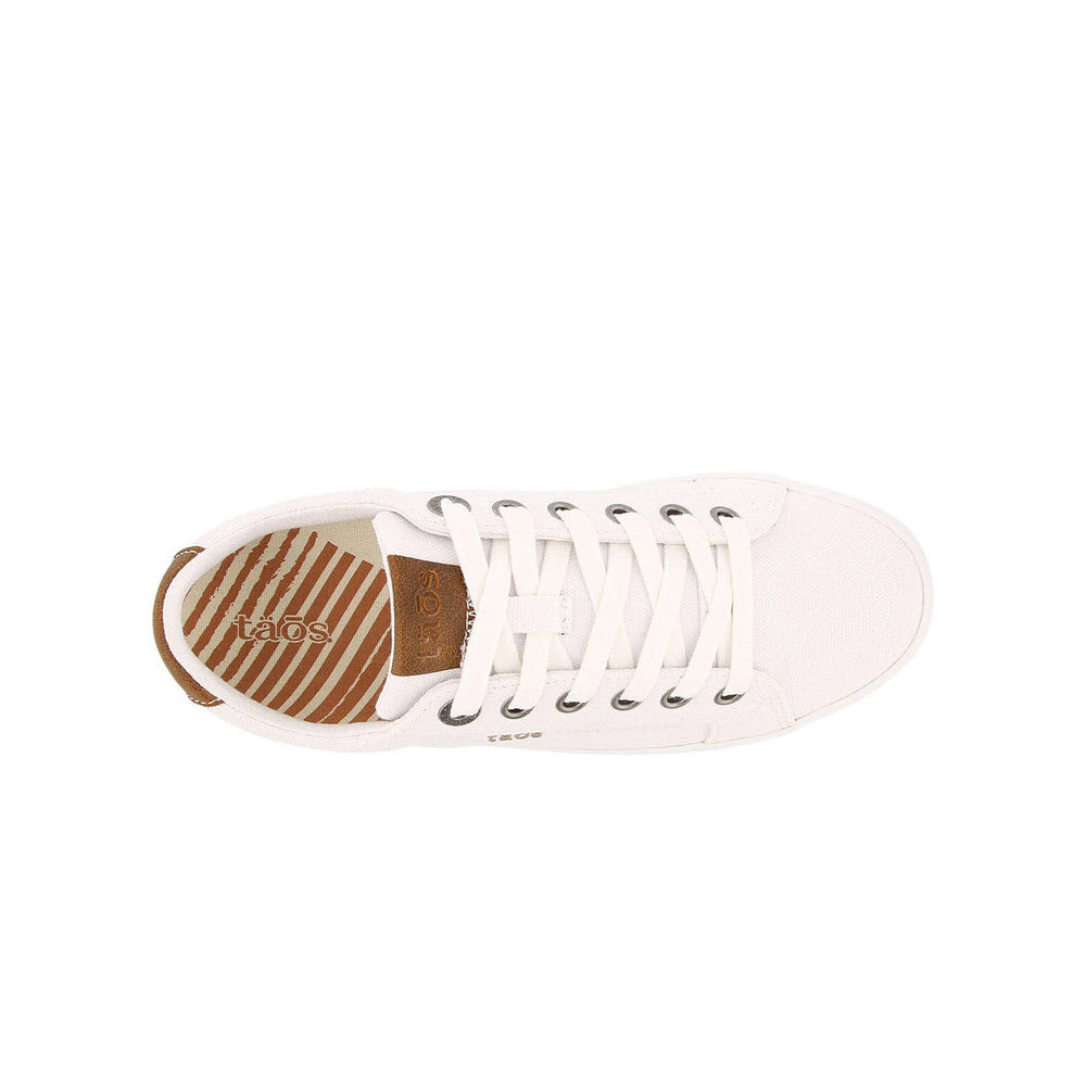 Top view of a Taos Star Burst White - Womens canvas sneaker with white laces, leather trim, and a striped brown insole labeled &quot;Taos.