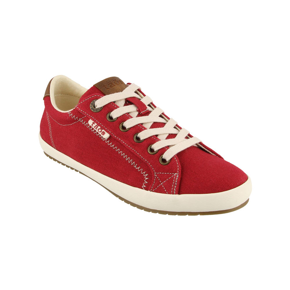 TAOS STAR BURST RED - WOMENS canvas sneaker with white laces, white rubber sole, and decorative fabricated leather trim.