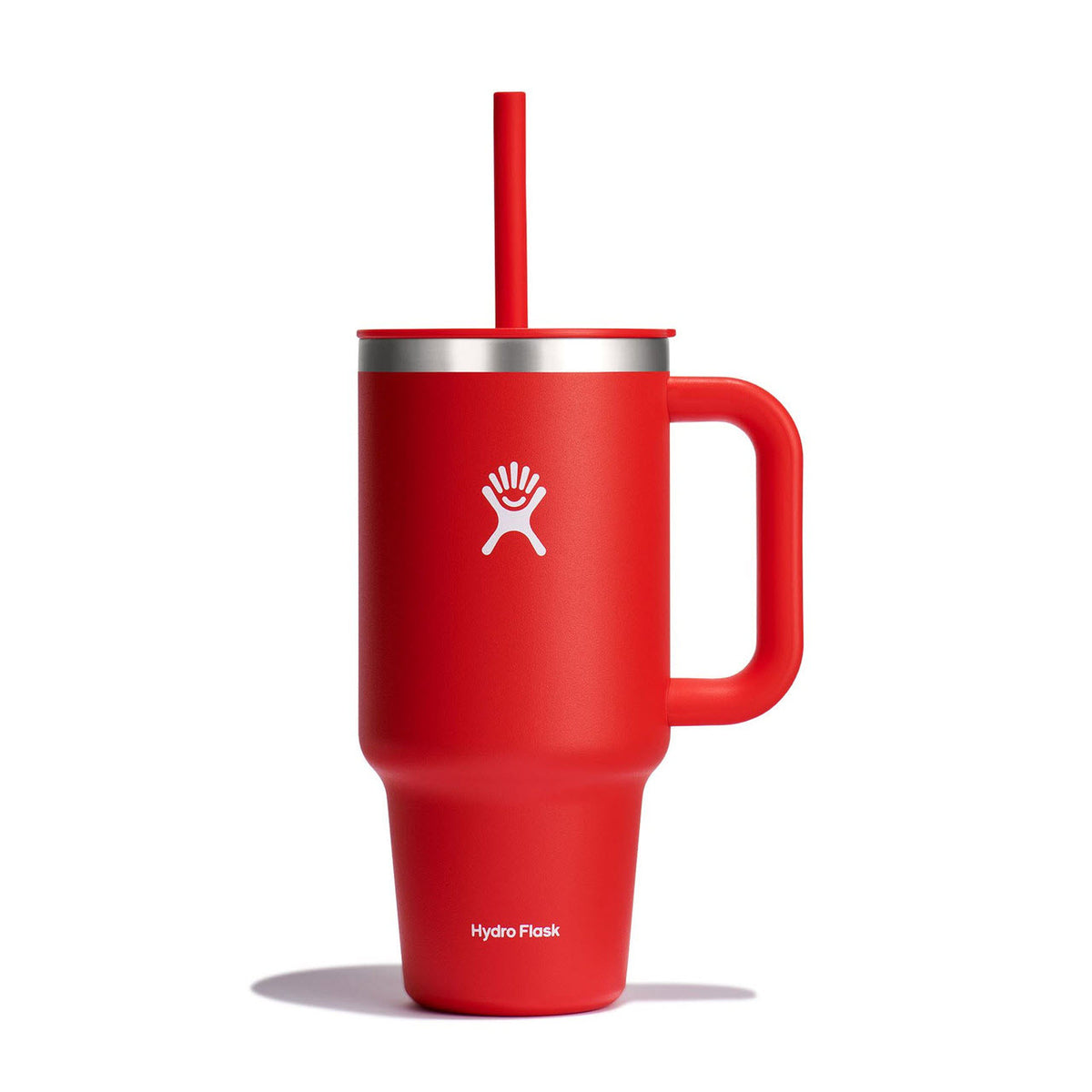 Hydro Flask Travel Tumbler 32oz Goji with a lid and flexible straw, featuring a white logo, isolated on a white background.