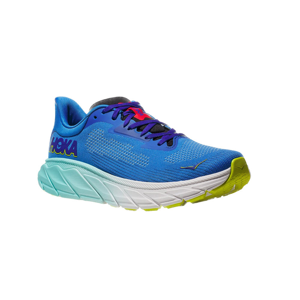 Blue and yellow Hoka ARAHI 7 VIRTUAL BLUE/CERISE - MENS running shoe with white sole, featuring lace-up front and brand logo on the side.