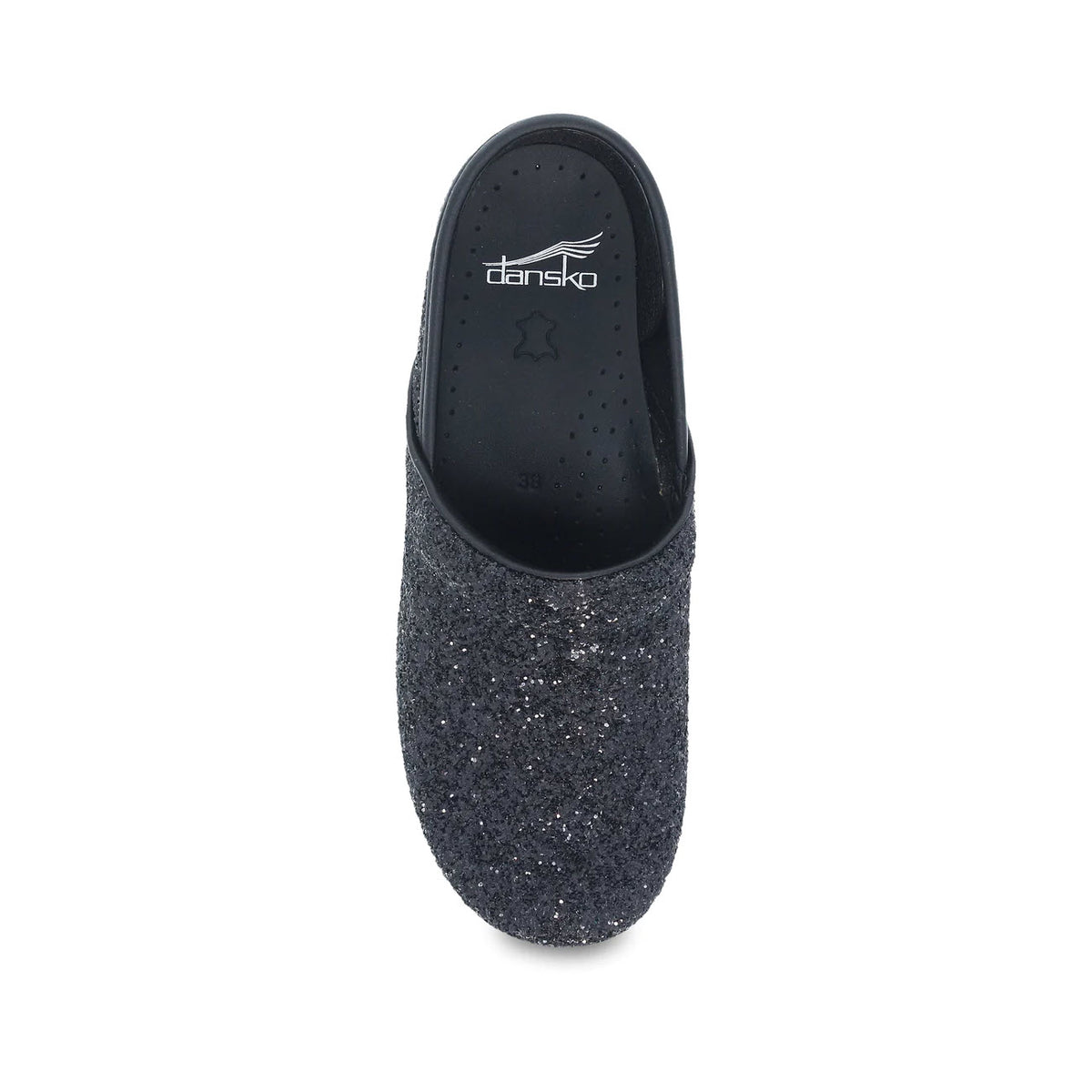 A top view of a single Dansko Professional clog with a sparkling black glitter exterior, displayed on a white background.
